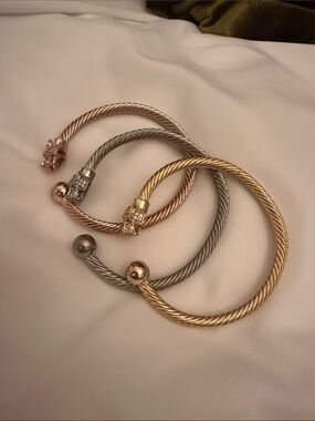 Mixed Metal Cable Cuff Bracelet Trio - Gold, Silver, Rose Gold stainless steel